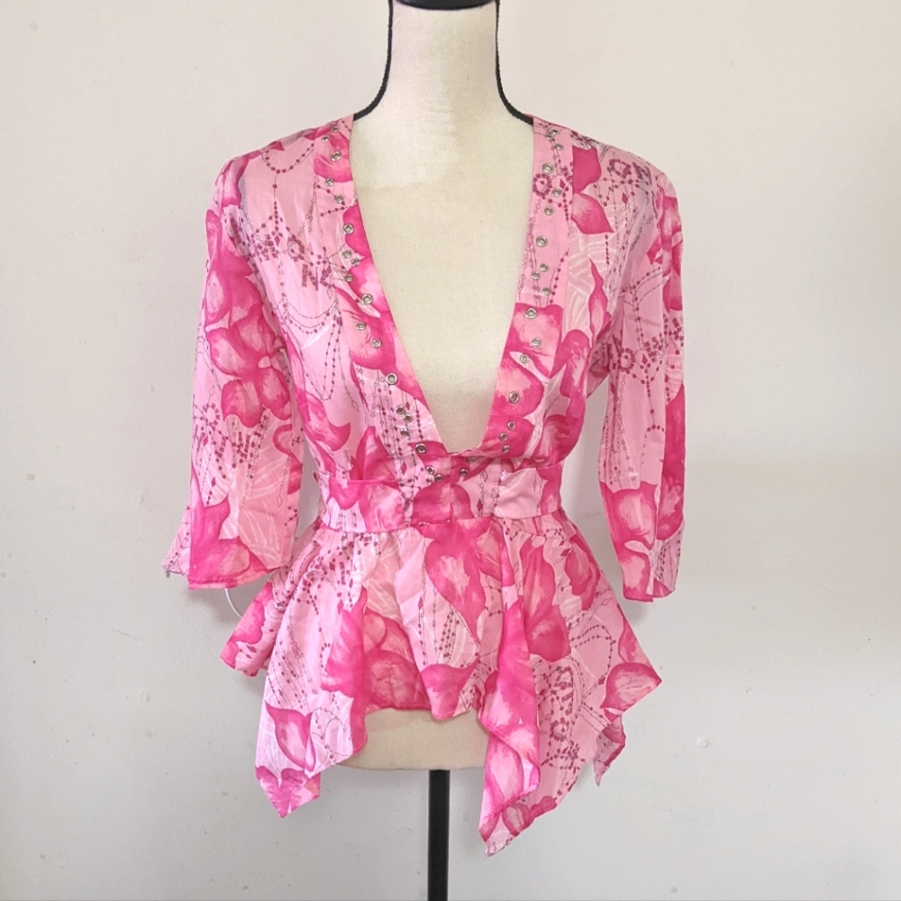 ✨ Richmond X Floral Pink V-Neck Peplum 3/4 Sleeve Blouse Size 12